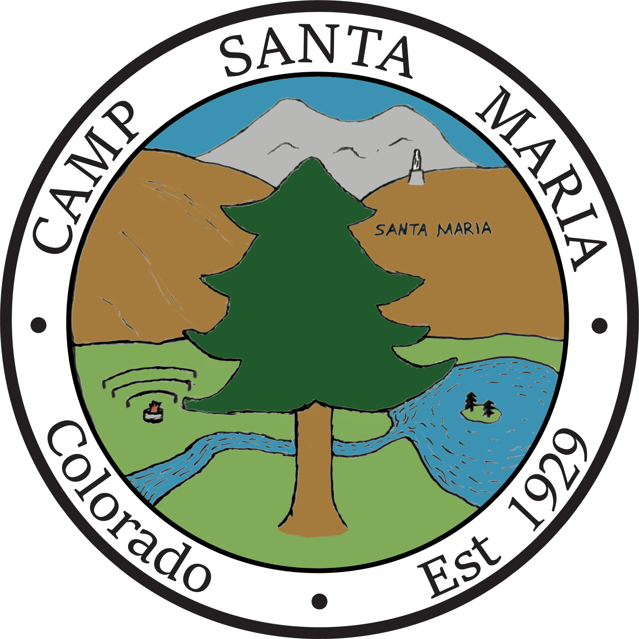 Camp Santa Maria Logo, circular with a pine tree in the middle, campfire ring to the left, lake to the right and mountains in the background. Also says Colorado and Est 1929